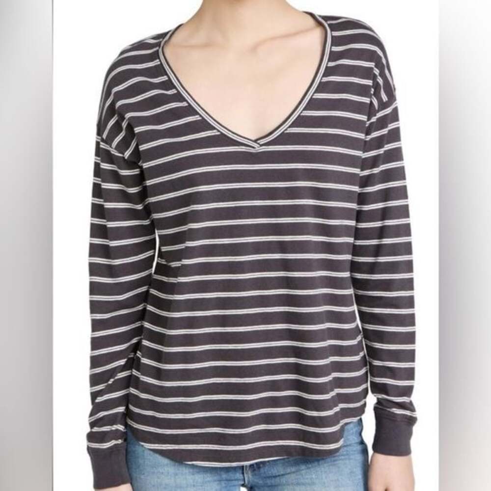 Madewell Striped V Neck Long Sleeve Top Women Size 2X Charcoal White Casual